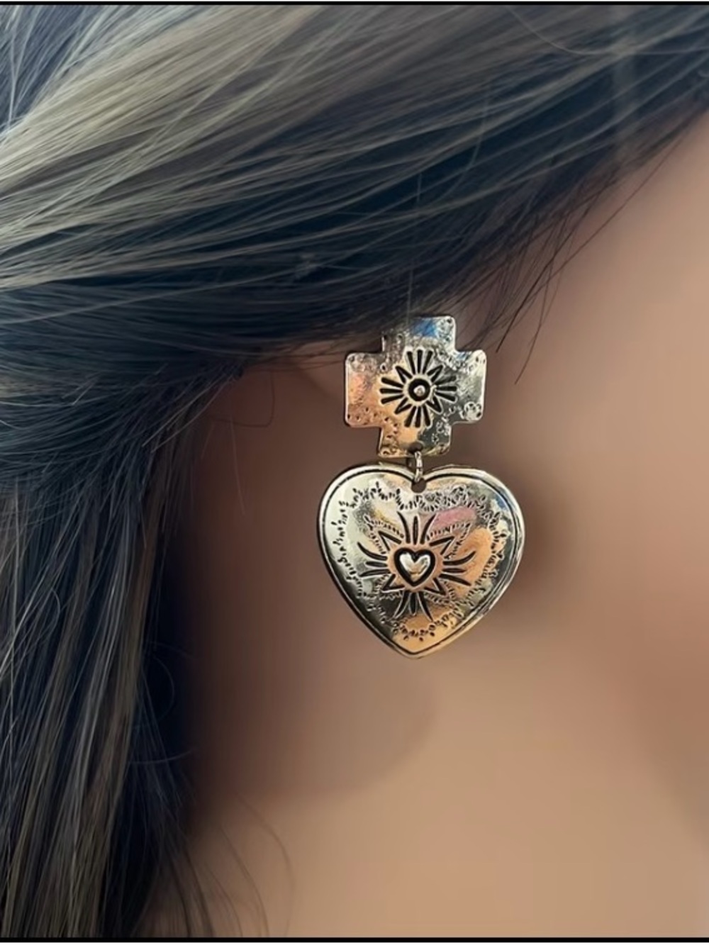 Gold Sacred Heart Drop Earrings with Etched Motif